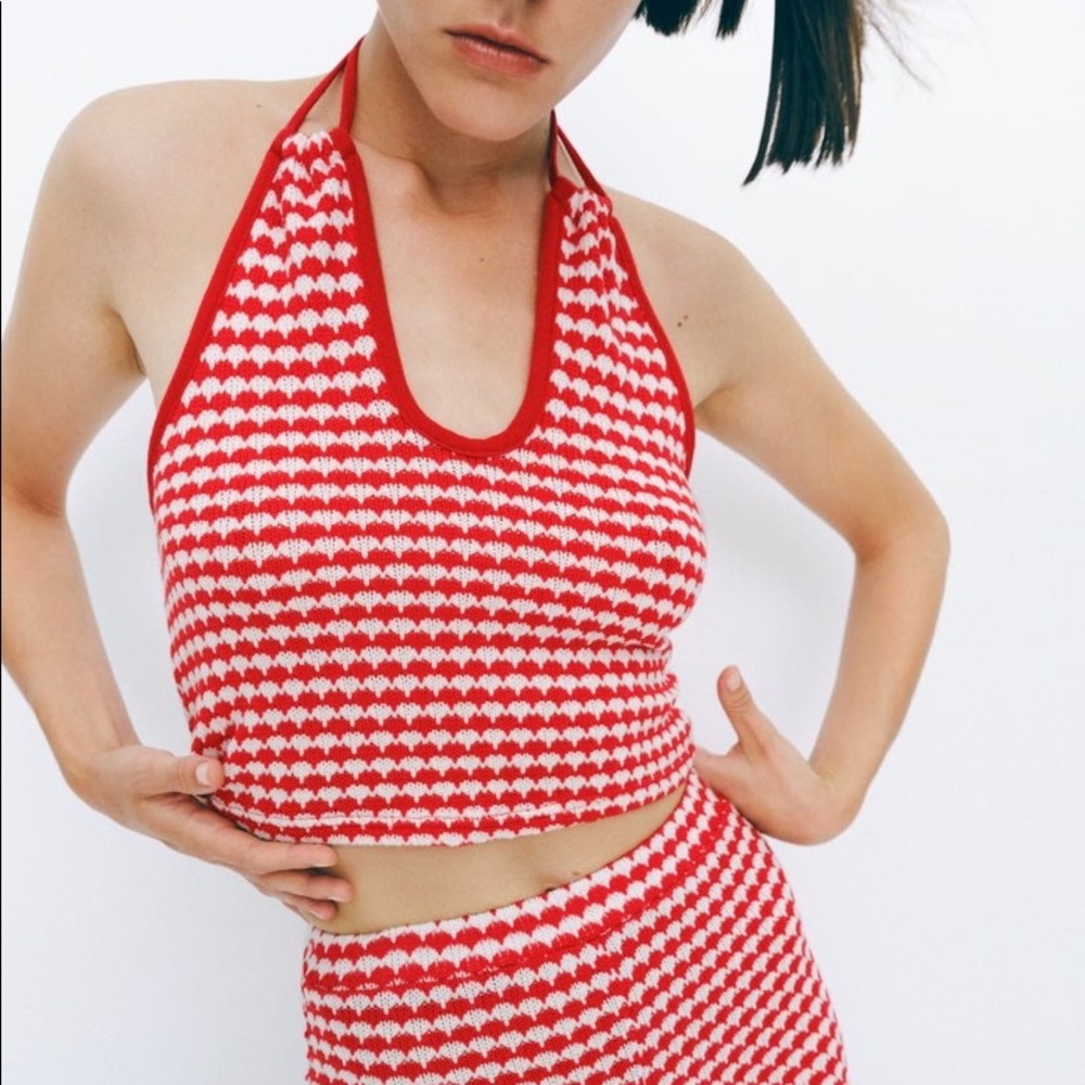 Zara Crochet Knit Red & White Cut Out Halter Keyhole Crop Top NWOT - Picture 1 of 9